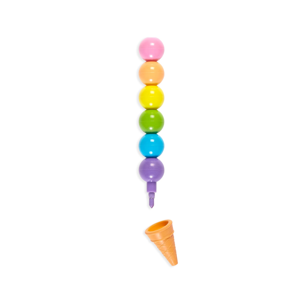 Stacking ice cream scoop shaped crayons on white background