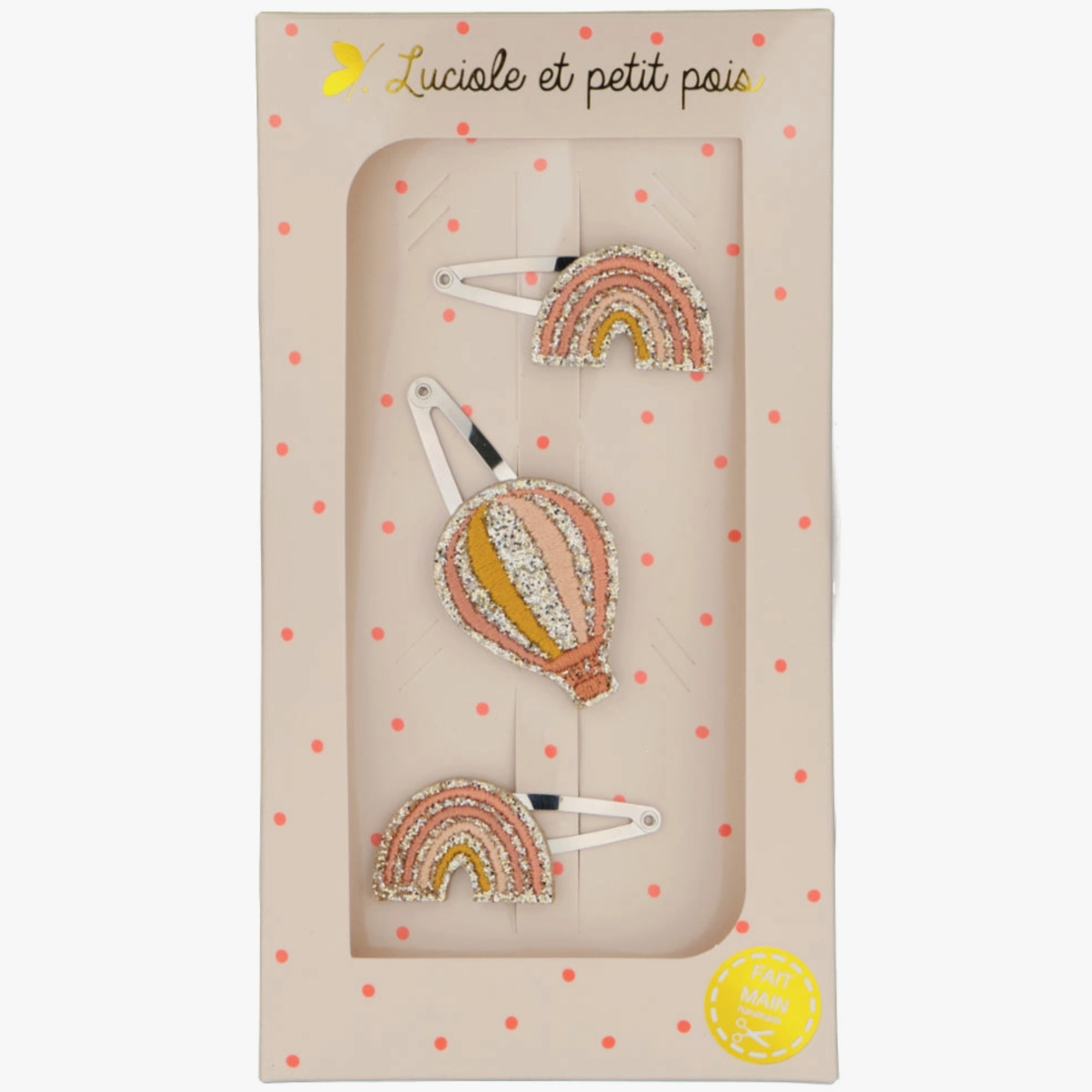 Rainbow and hotair balloon glittery hair clips in a beige polka dotted box