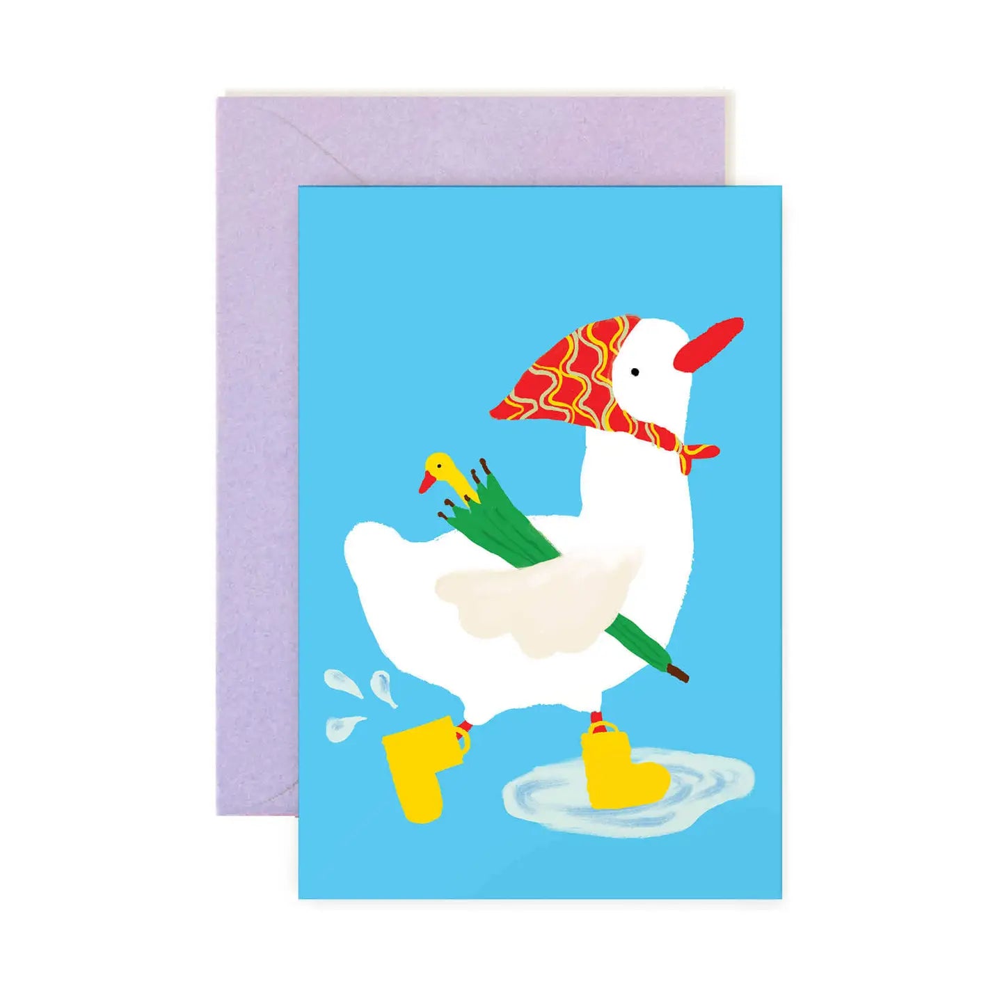notecard featuring duck in rainy day gear and umbrella