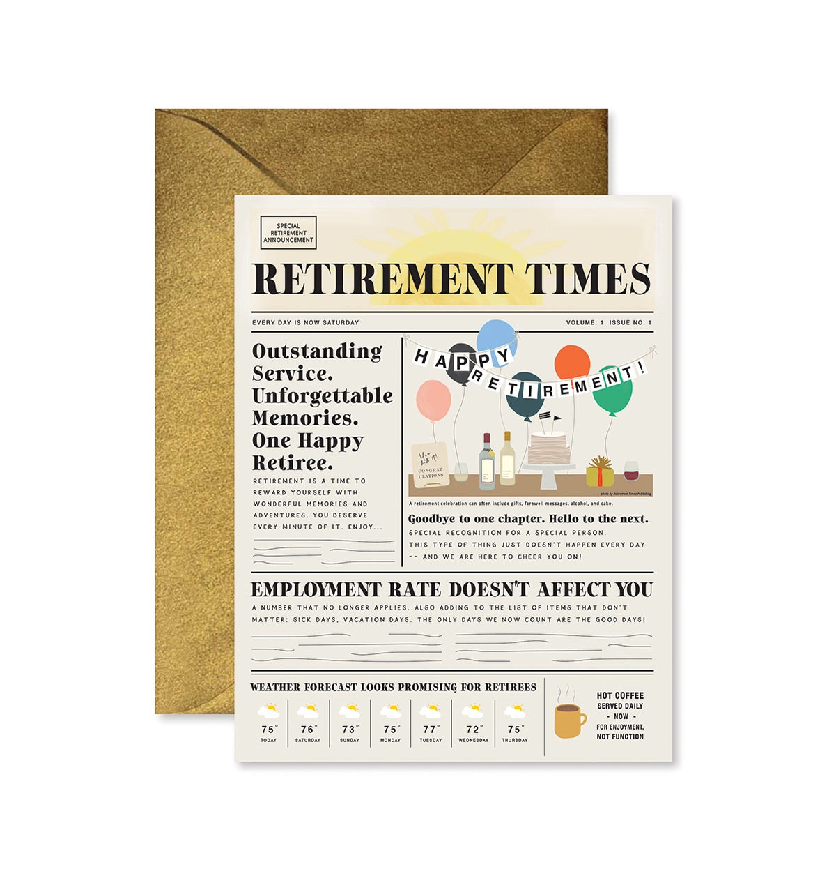 Retirement-themed newspaper with gold envelope on a white background