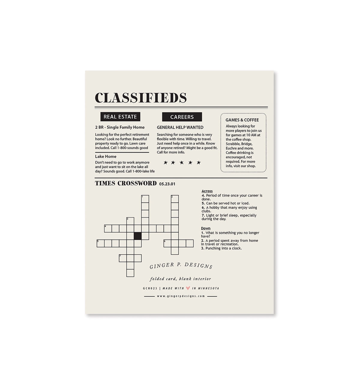  Classifieds sheet with a crossword puzzle on a white background