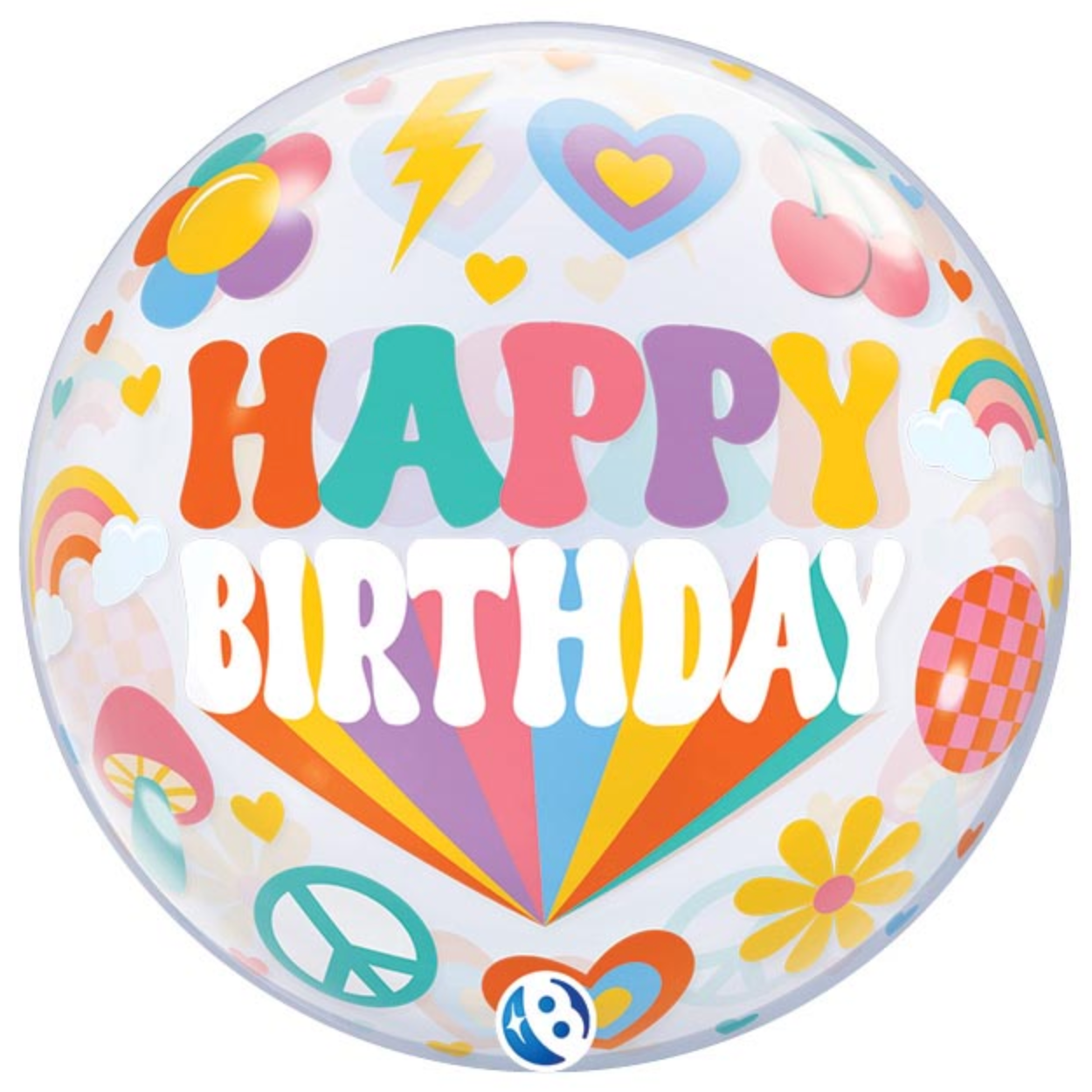 Colorful 'Happy Birthday' balloon with retro icons on a white background