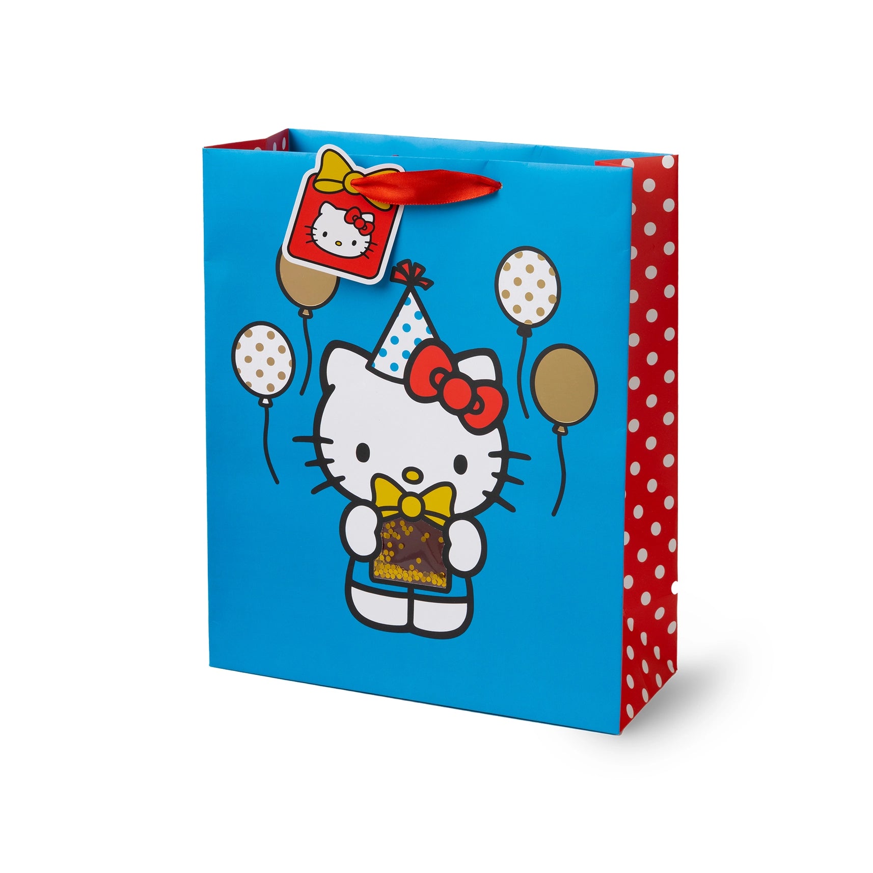 Blue and red Hello Kitty gift bag with balloons and confetti details