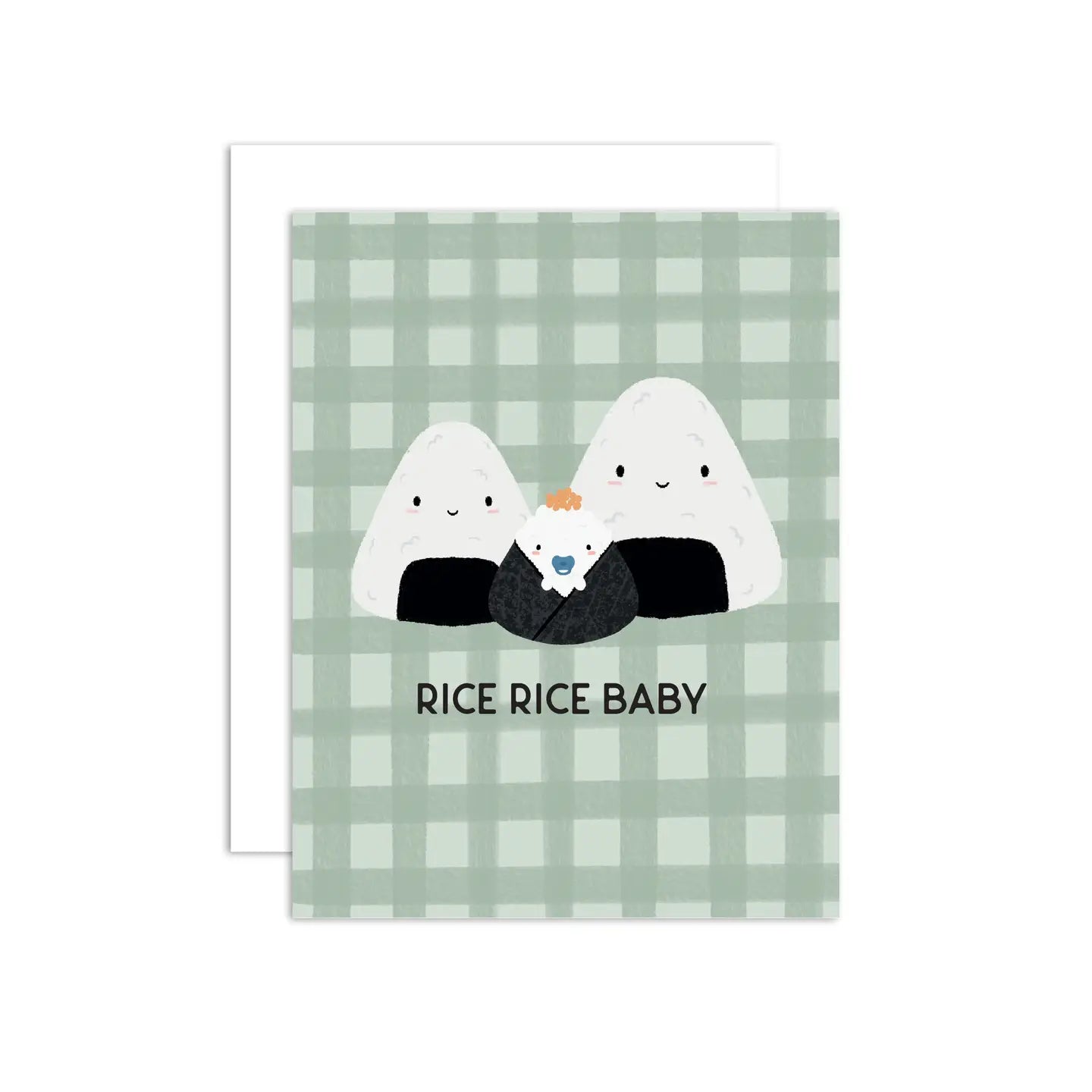A greeting card with an illustration of a rice grain character wearing a tuxedo and the text 'RICE RICE BABY' on a checkered background. The card is accompanied by a white envelope.