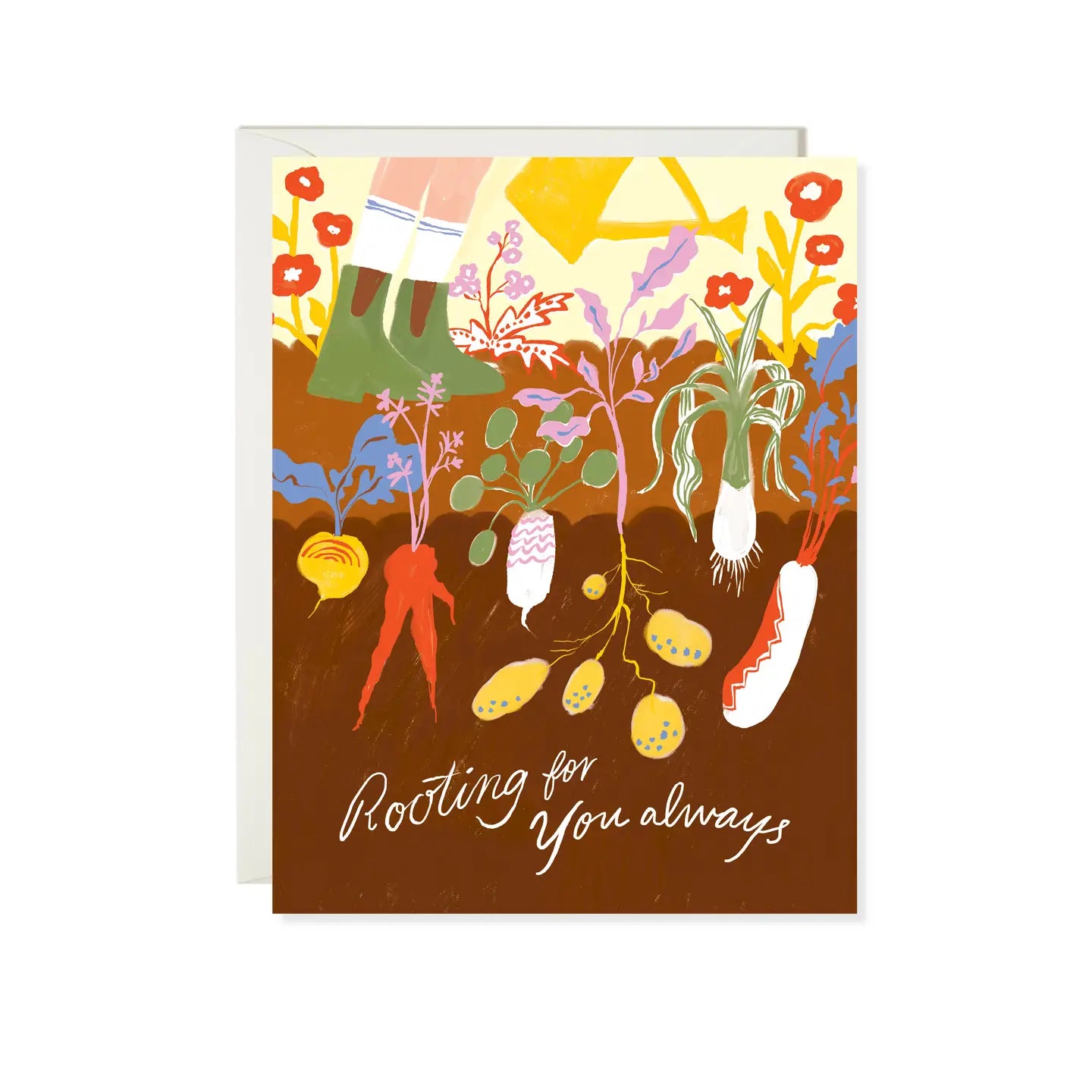 A greeting card with root vegetables and a person feet in boots. Text reads "rooting for you always"