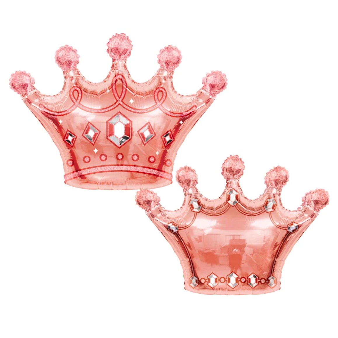 Two pink crown-shaped balloons on a white background
