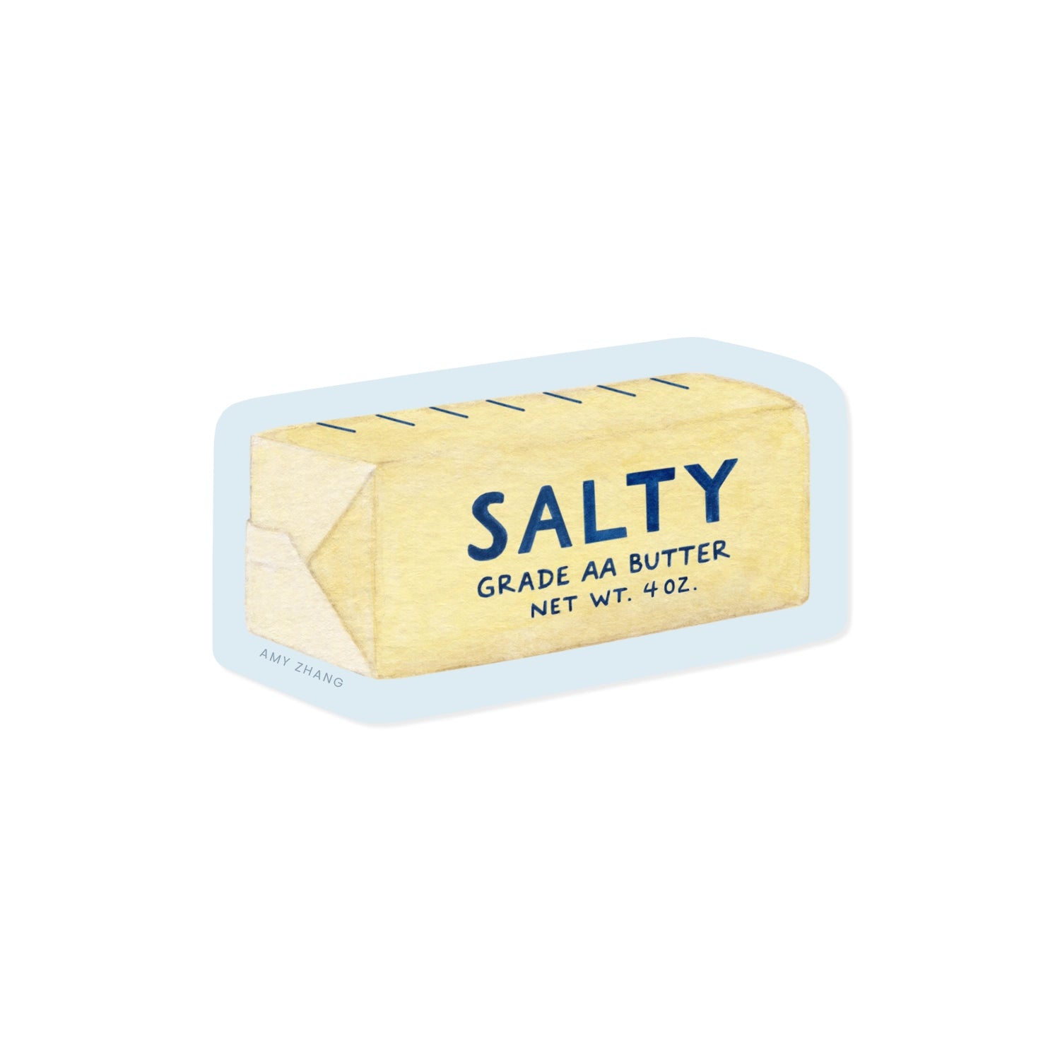 A die-cut sticker depicting a butter block with the brand name 'SALTY' printed in blue, set against a plain white background.