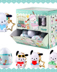 Box of white eggs that holds dog character keychain in various colored outfits