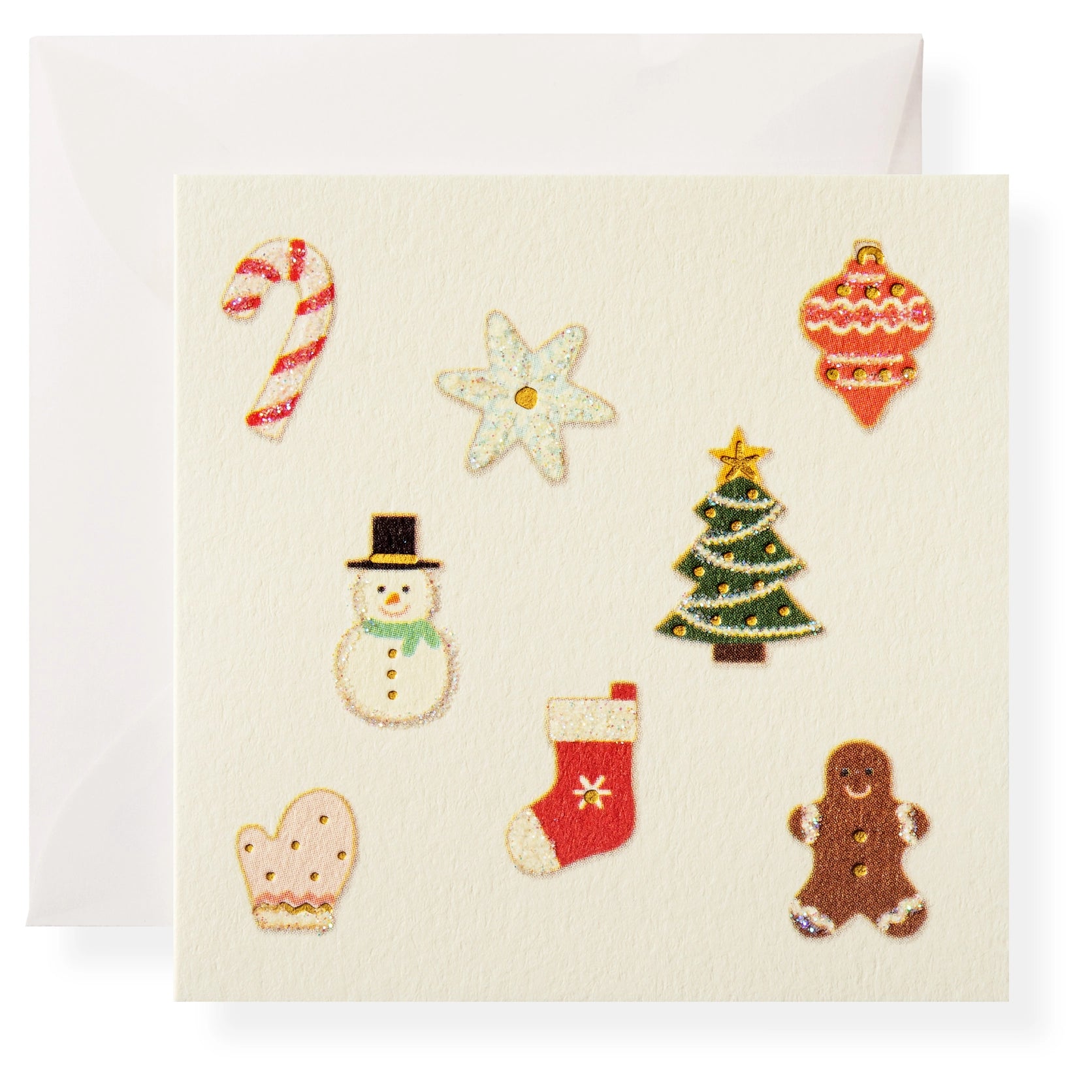Greeting card with a Christmas theme, featuring an array of holiday icons such as a snowman, candy cane, star, and Christmas tree on a beige background, and a matching envelope.
