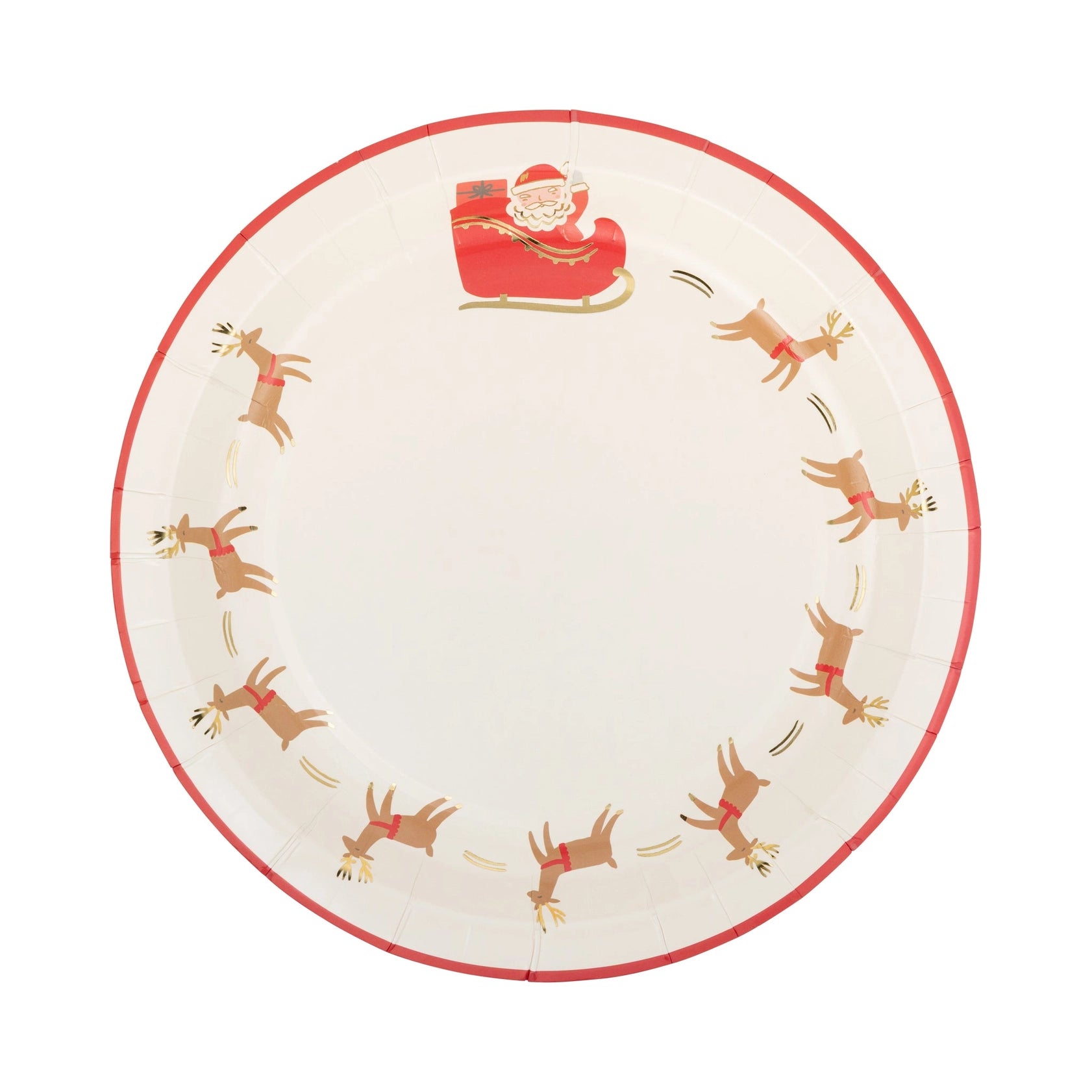 Round plate with reindeer and Santa Claus design on a white background