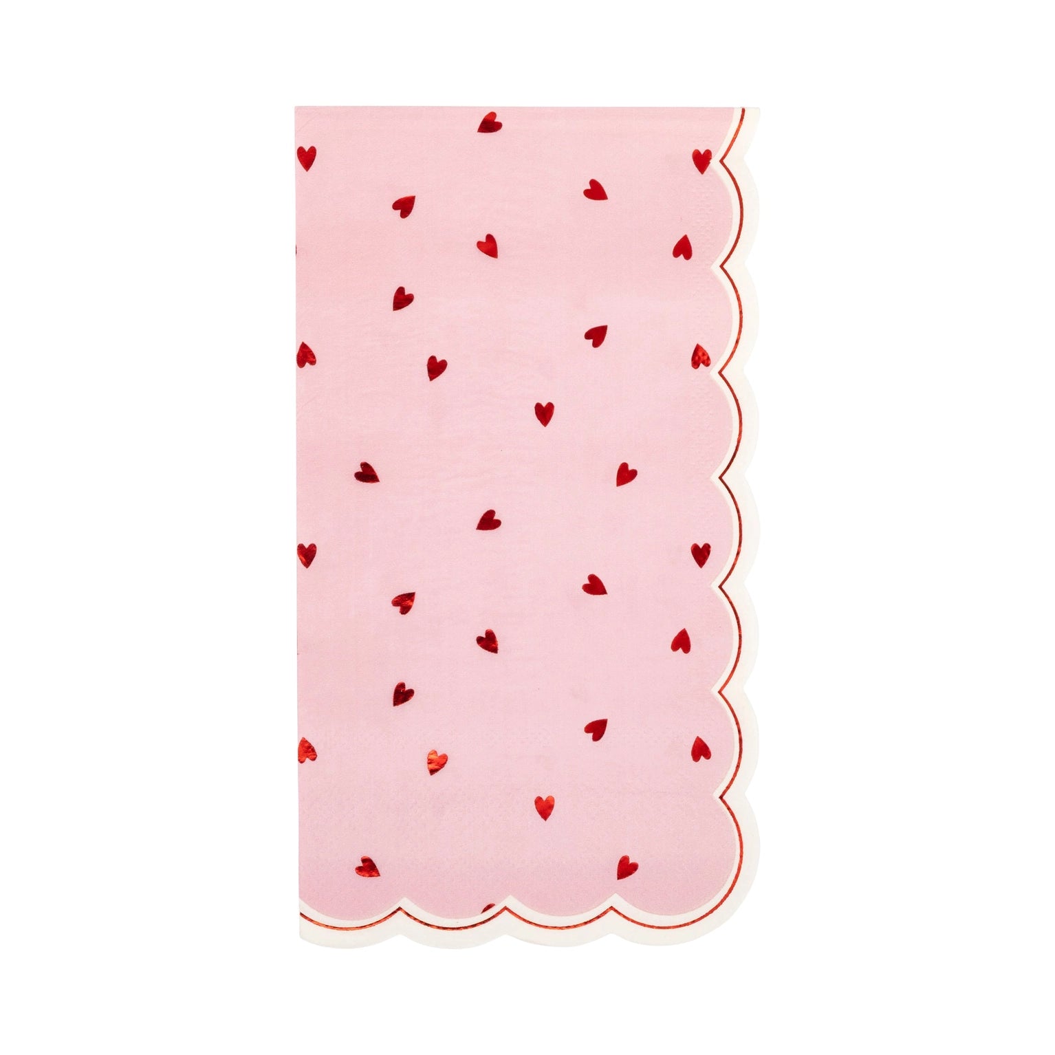 Pink paper napkin with scalloped edge and red heart pattern on a white background