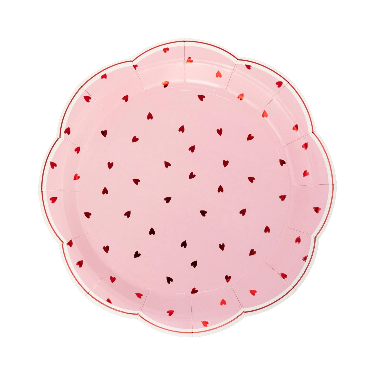 Pink paper plate with red heart pattern on a white background