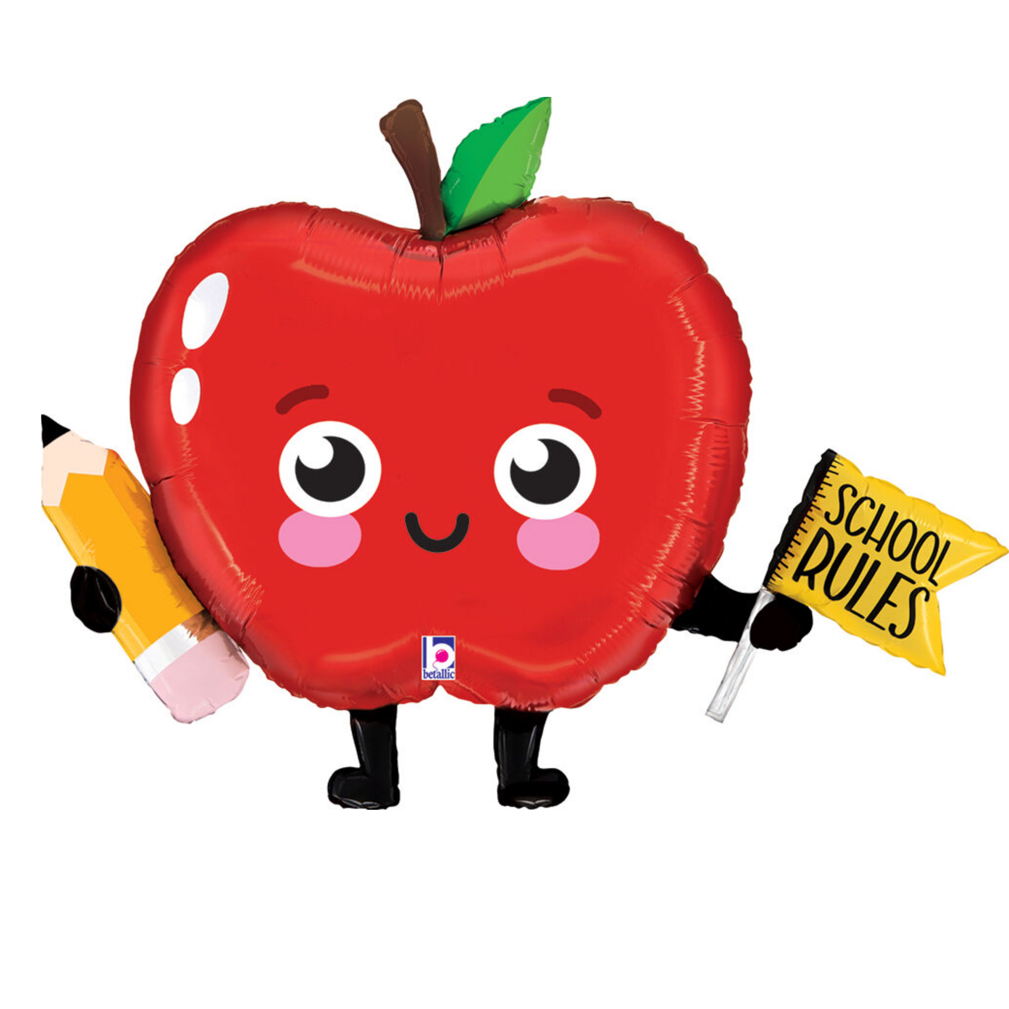 Balloon shaped like a red apple with a pencil and 'School Rules' sign on a white background