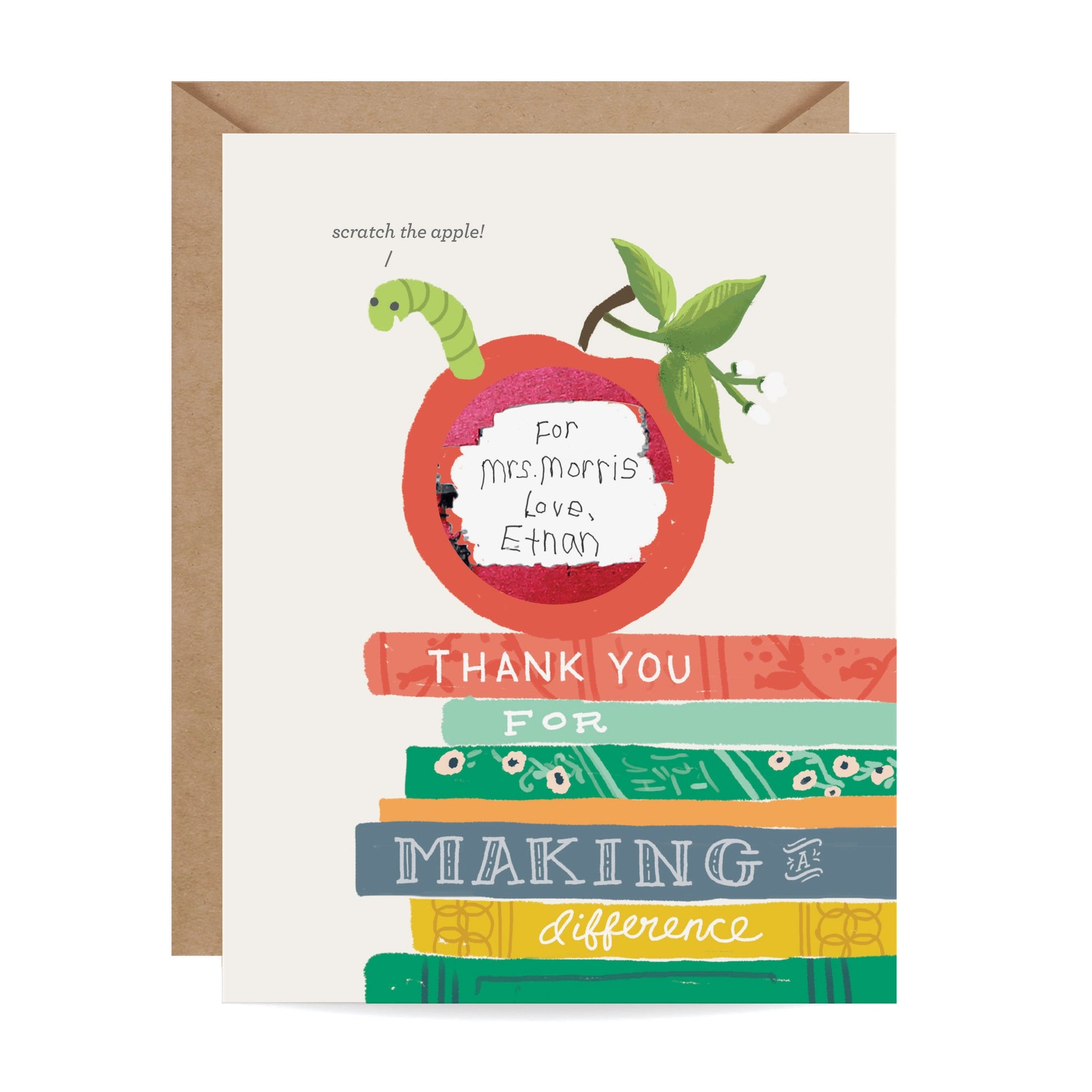 Greeting card with an apple, worm, and books design on a white background