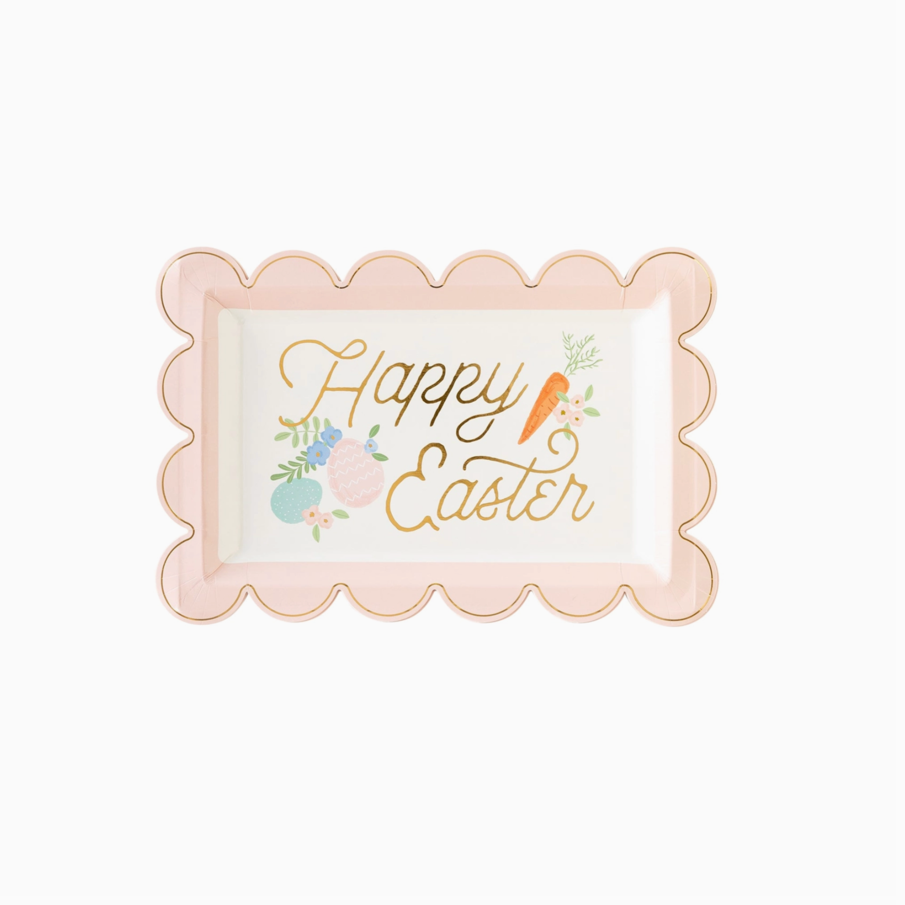 Rectangular scalloped paper plate with 'Happy Easter' text, gold foil accents, and a floral design that includes a carrot.