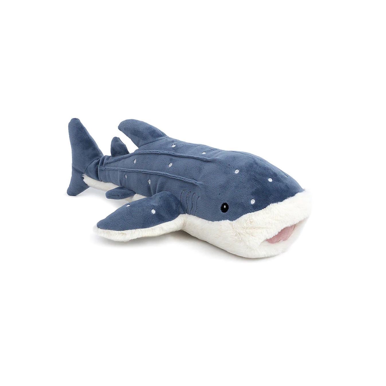 A plush toy resembling a whale shark with blue body, white underbelly and polka dot pattern.