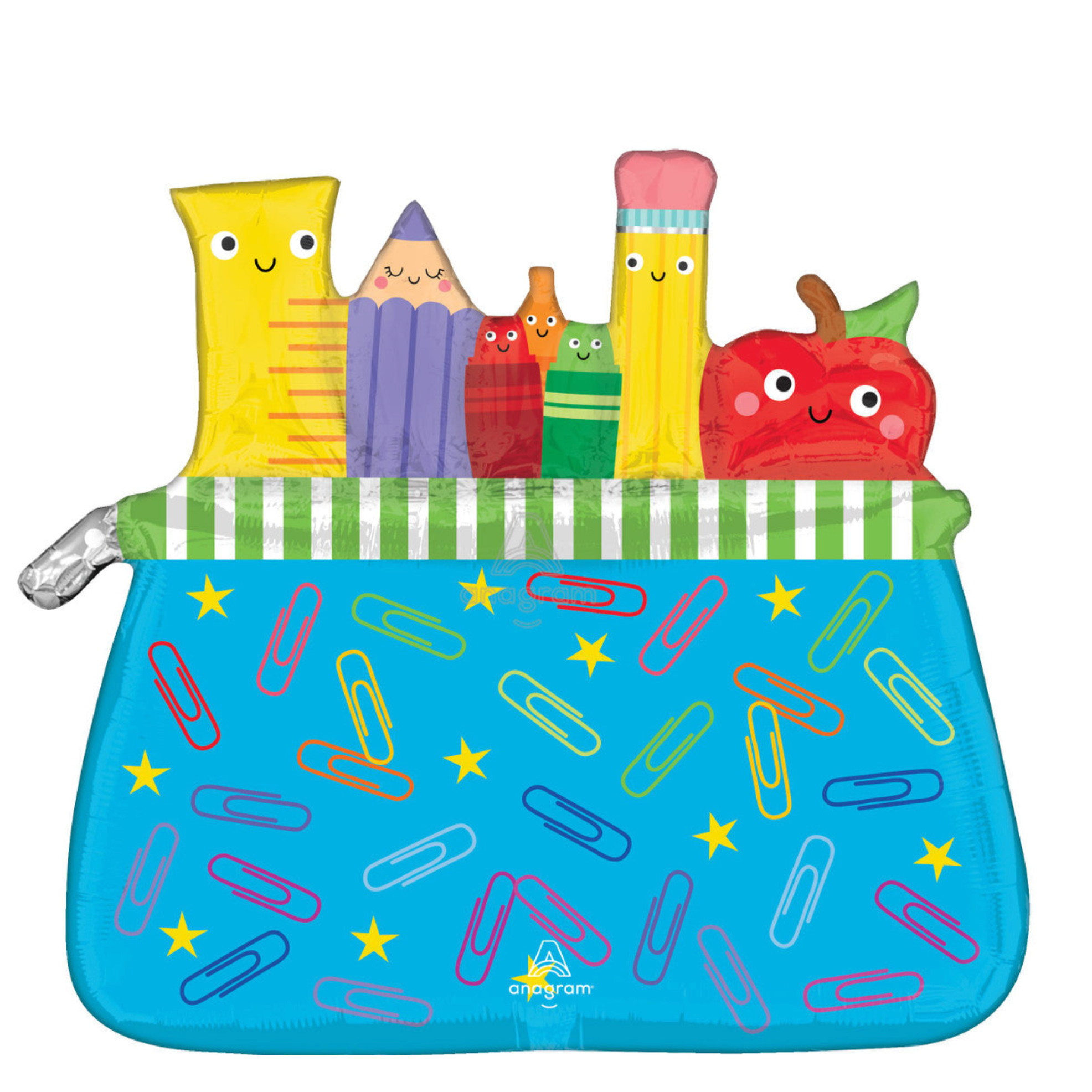 A 28 inch mylar balloon with a school-themed design, featuring illustrations of a pencil, paper, apple, and other school-related items on a blue background.
