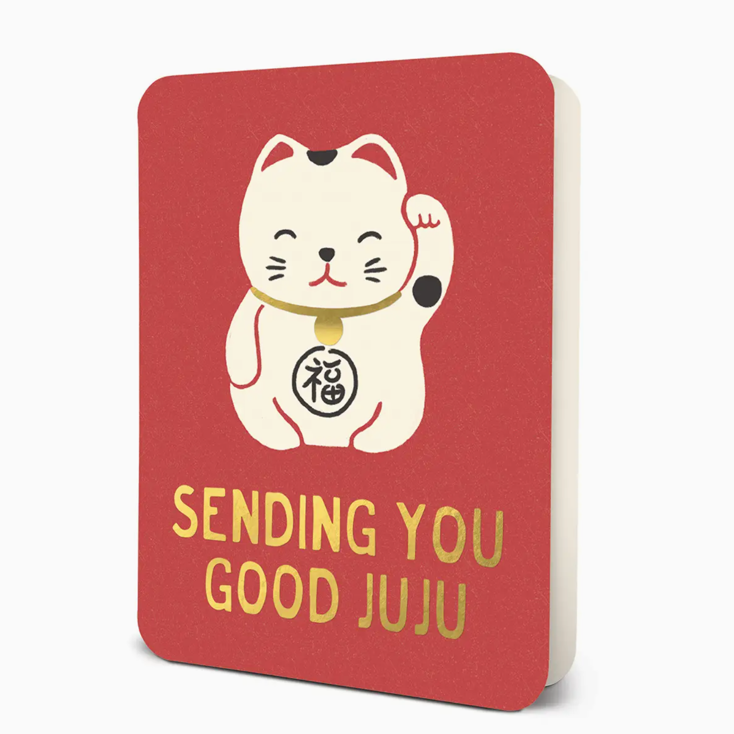 Red greeting card of Lucky Cat with the greeting"Sending you good juju"