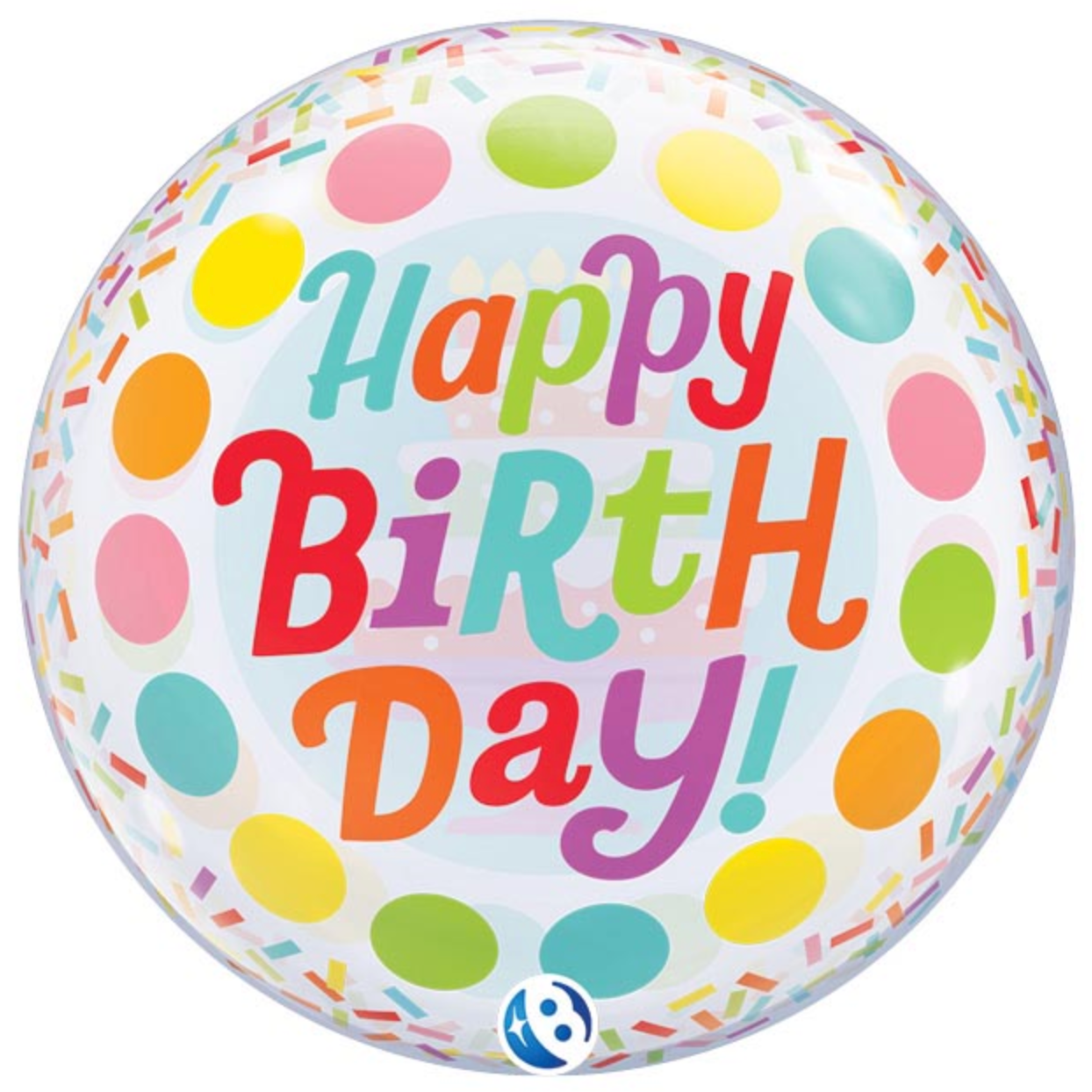 Colorful clear balloon with 'Happy Birthday!' text on a white background