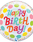 Colorful clear balloon with 'Happy Birthday!' text on a white background