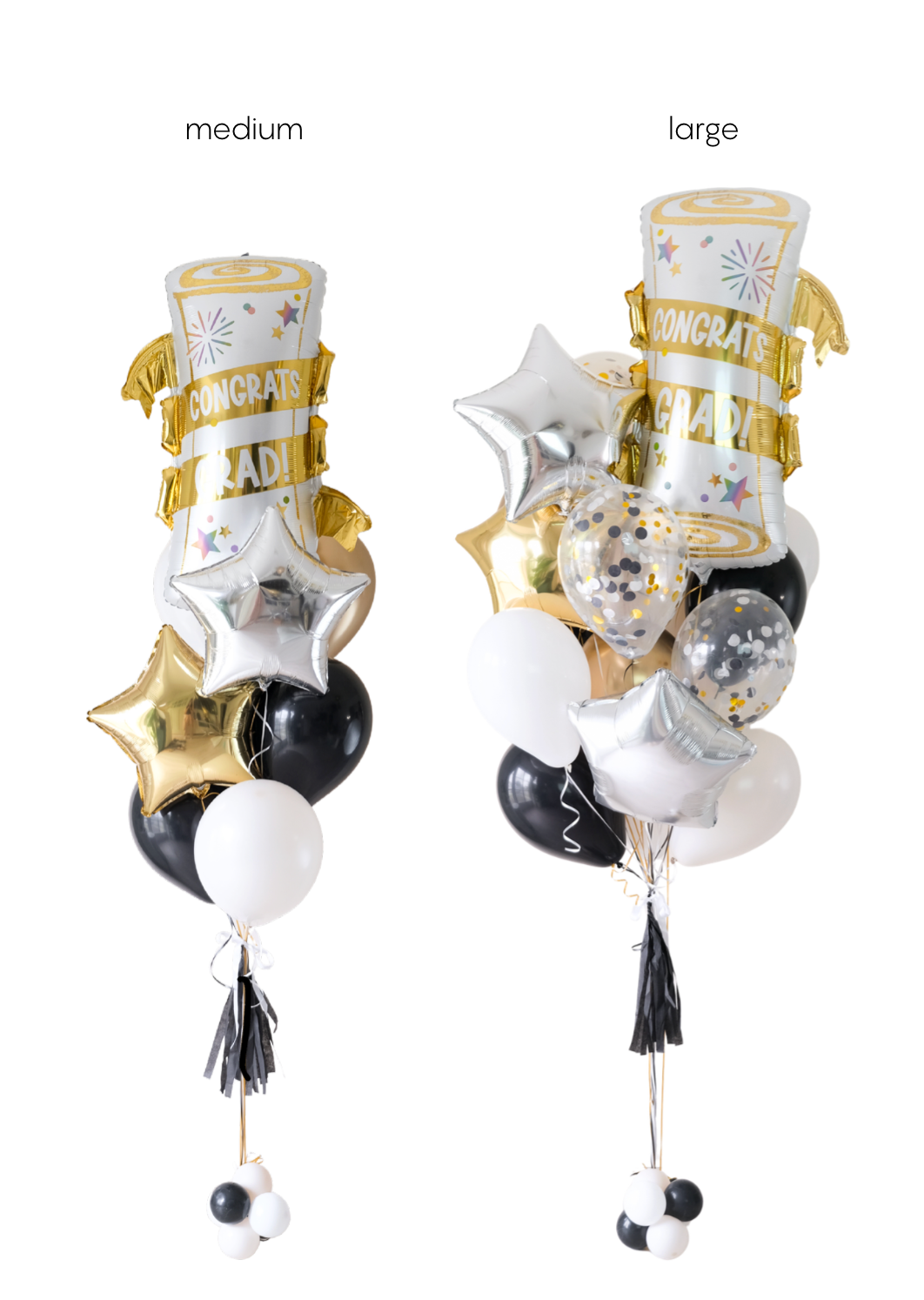 comparison of medium and large sized balloon bouquets
