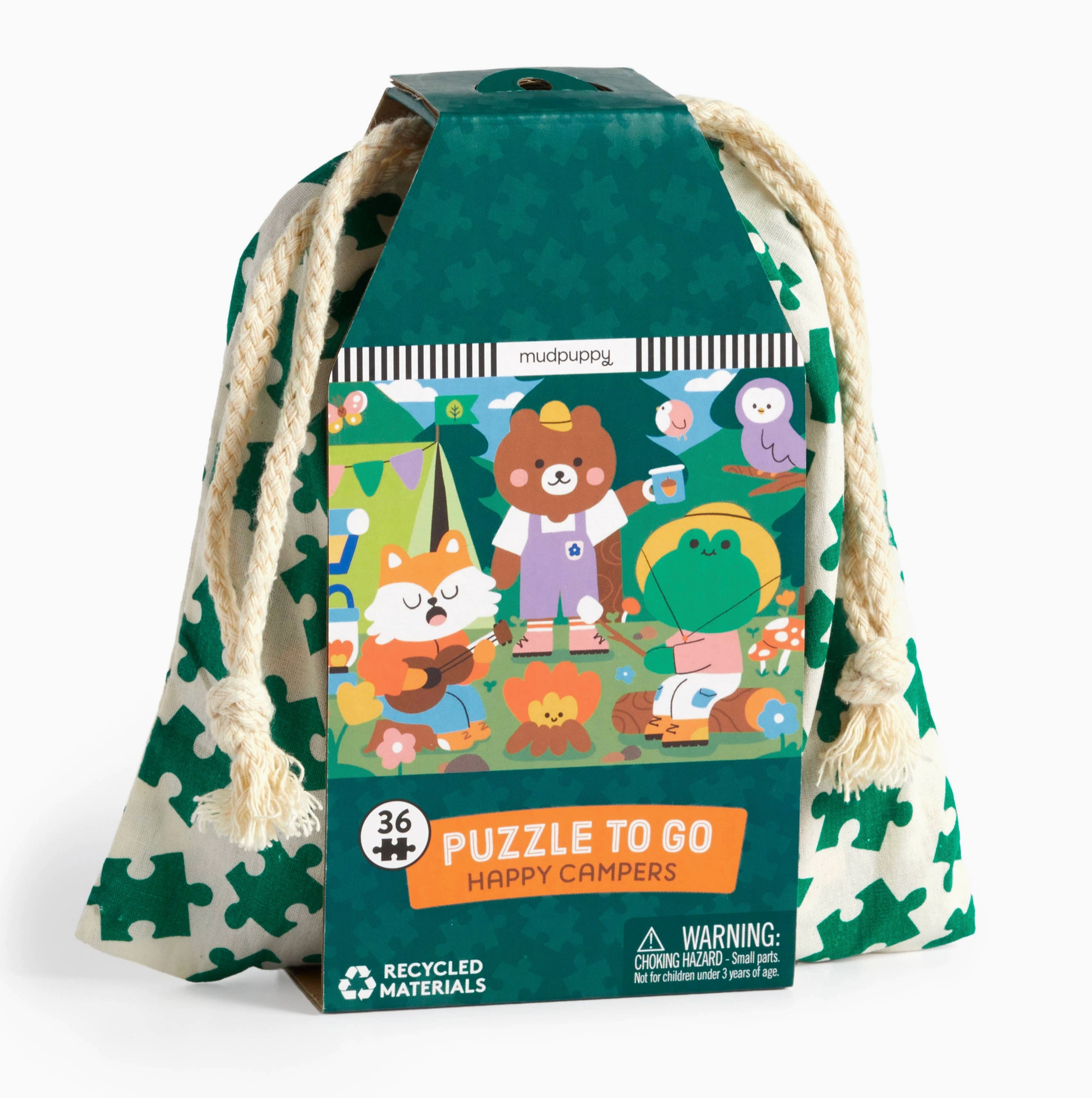 Happy Campers puzzle in a drawstring bag