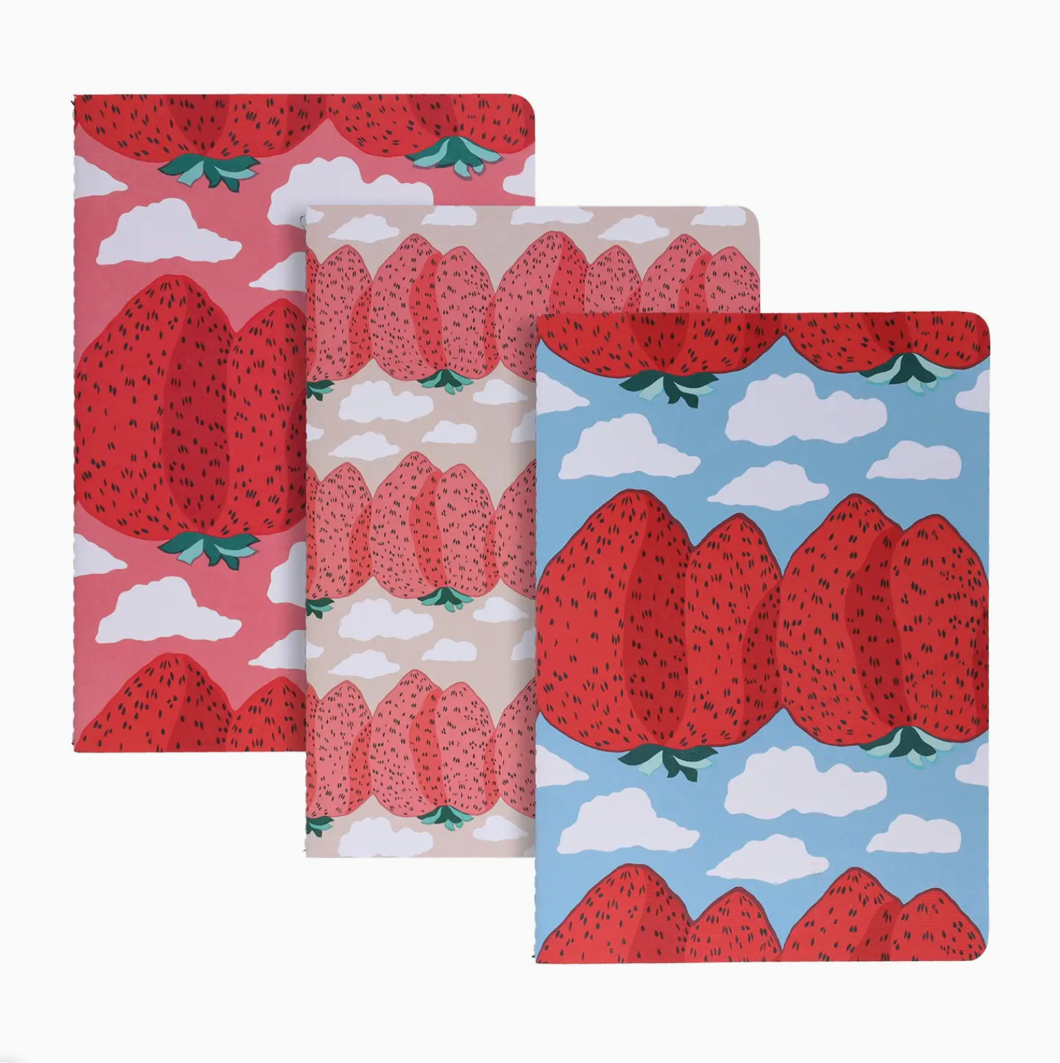 Three notebooks with Marimekko strawberry pattern on a white background