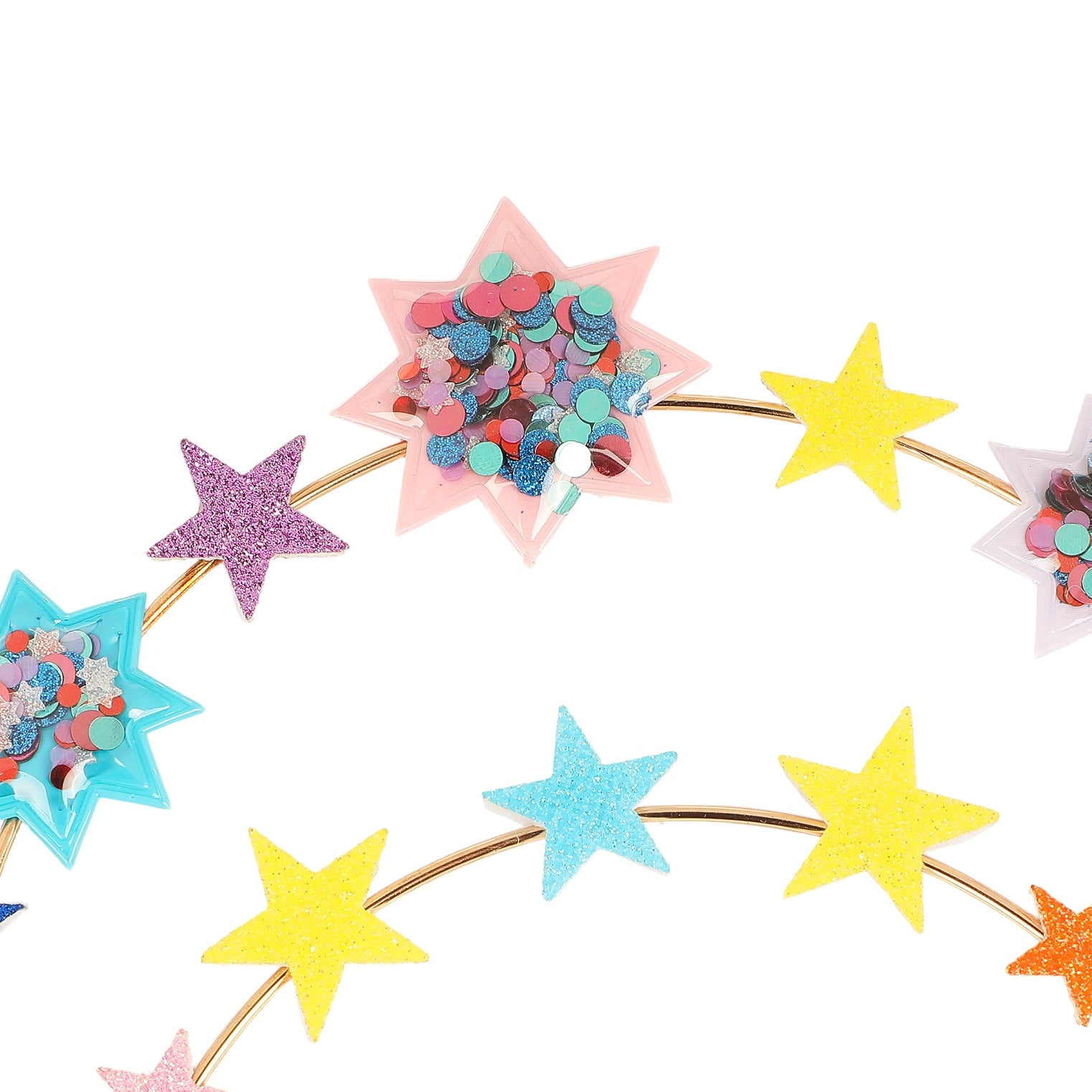 Colorful star-shaped headbands with confetti on a white background