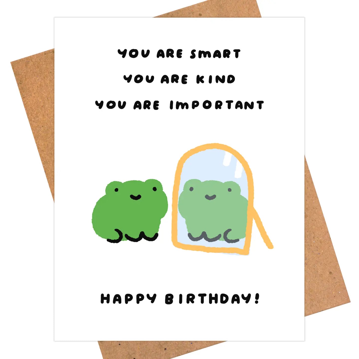 Birthday card with green character, mirror, and text on a white background