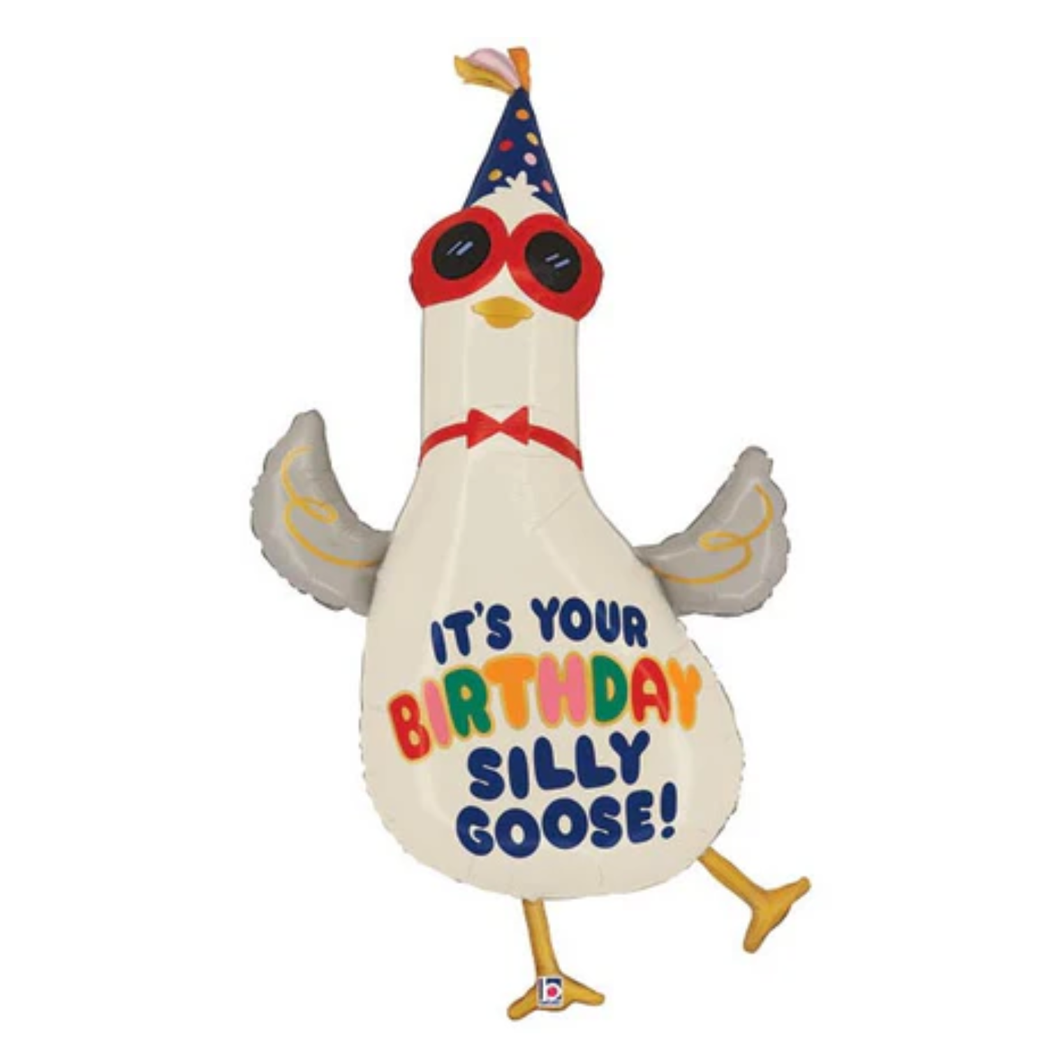 A novelty foil balloon shaped like a silly goose wearing a party hat, red sunglasses, and a red bow tie, with the text 'IT'S YOUR BIRTHDAY SILLY GOOSE!' on a white background.