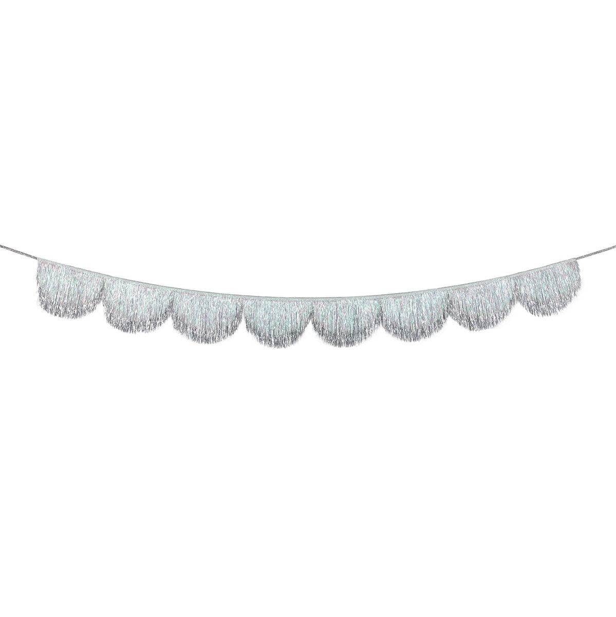 A silver metallic tinsel fringe garland with a scalloped edge, suspended on a thin string against a plain white background.