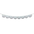 A silver metallic tinsel fringe garland with a scalloped edge, suspended on a thin string against a plain white background.