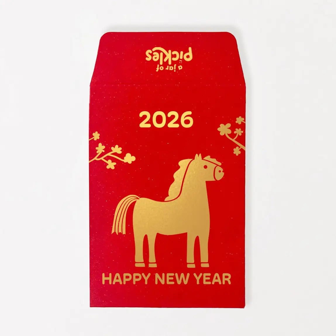 Red envelope with gold horse illustration and 'Happy New Year' text on a white background