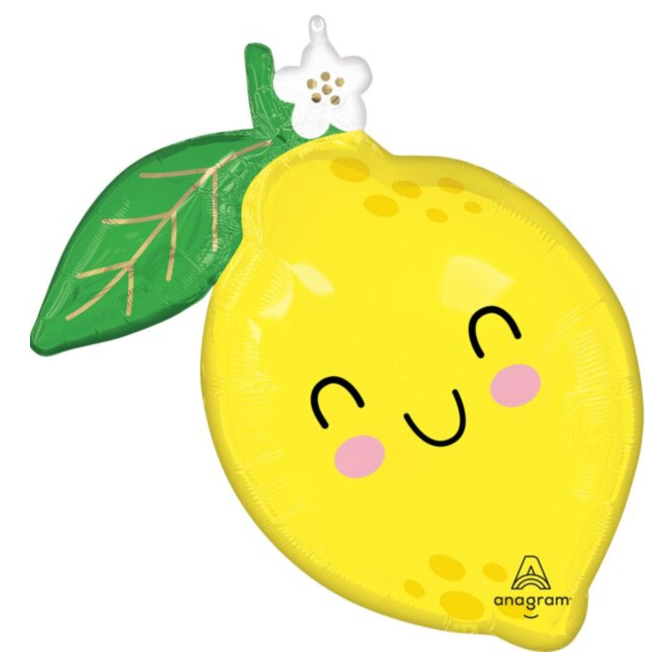 Lemon-shaped balloon with a smiley face and green leaf on a white background, featuring the Anagram logo.