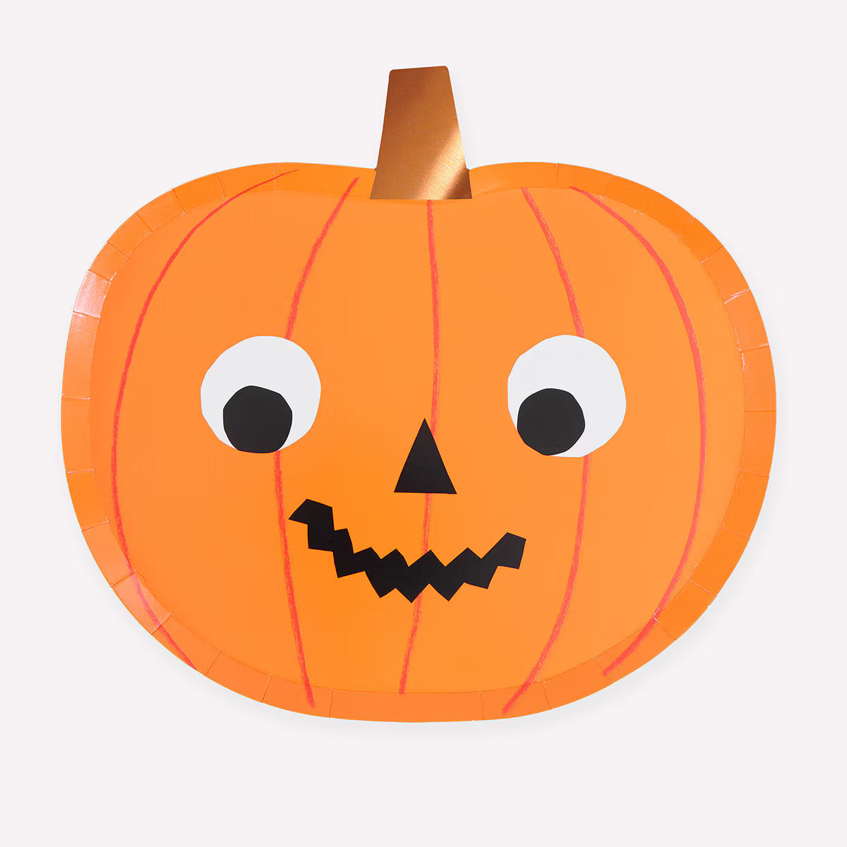 A paper plate jack-o'-lantern Halloween decoration with a metallic copper stem, white googly eyes, a black triangular nose, and a jagged black mouth, shown on a white background.
