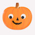 A paper plate jack-o'-lantern Halloween decoration with a metallic copper stem, white googly eyes, a black triangular nose, and a jagged black mouth, shown on a white background.