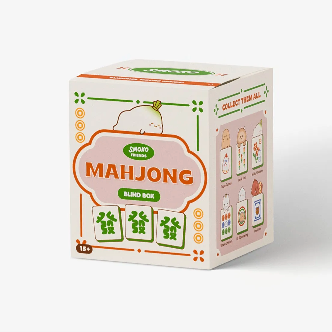 A boxed product labeled 'MAHJONG BLIND BOX', shown as a white cube with orange and green printed graphics on a clean white background.
