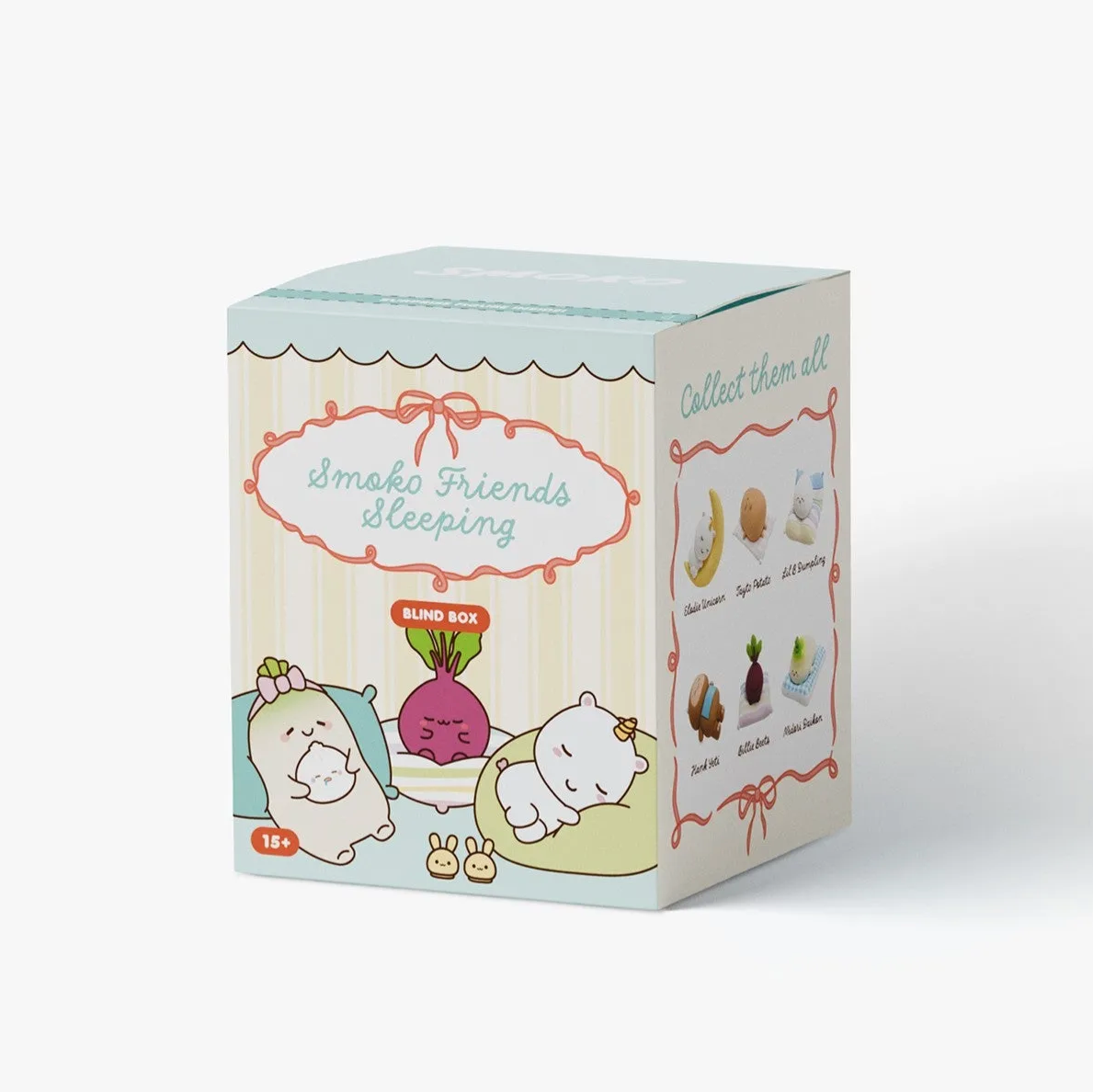 blind box packaging featuring sleeping smoko friend characters, on white background