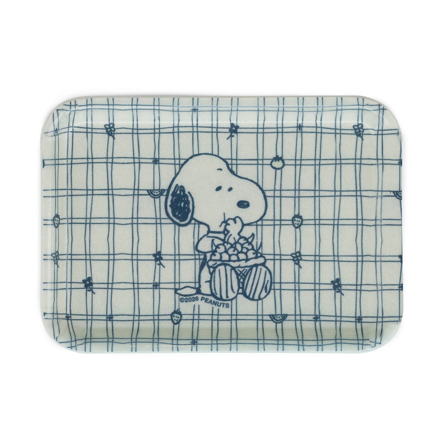 blue trinklet tray with snoopy eating fruit illustration
