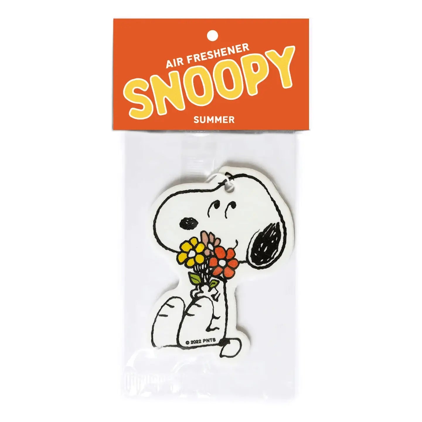 Snoopy summer air freshener hanging in its original packaging, featuring Snoopy holding a bouquet of yellow, orange, and red flowers against a white background.