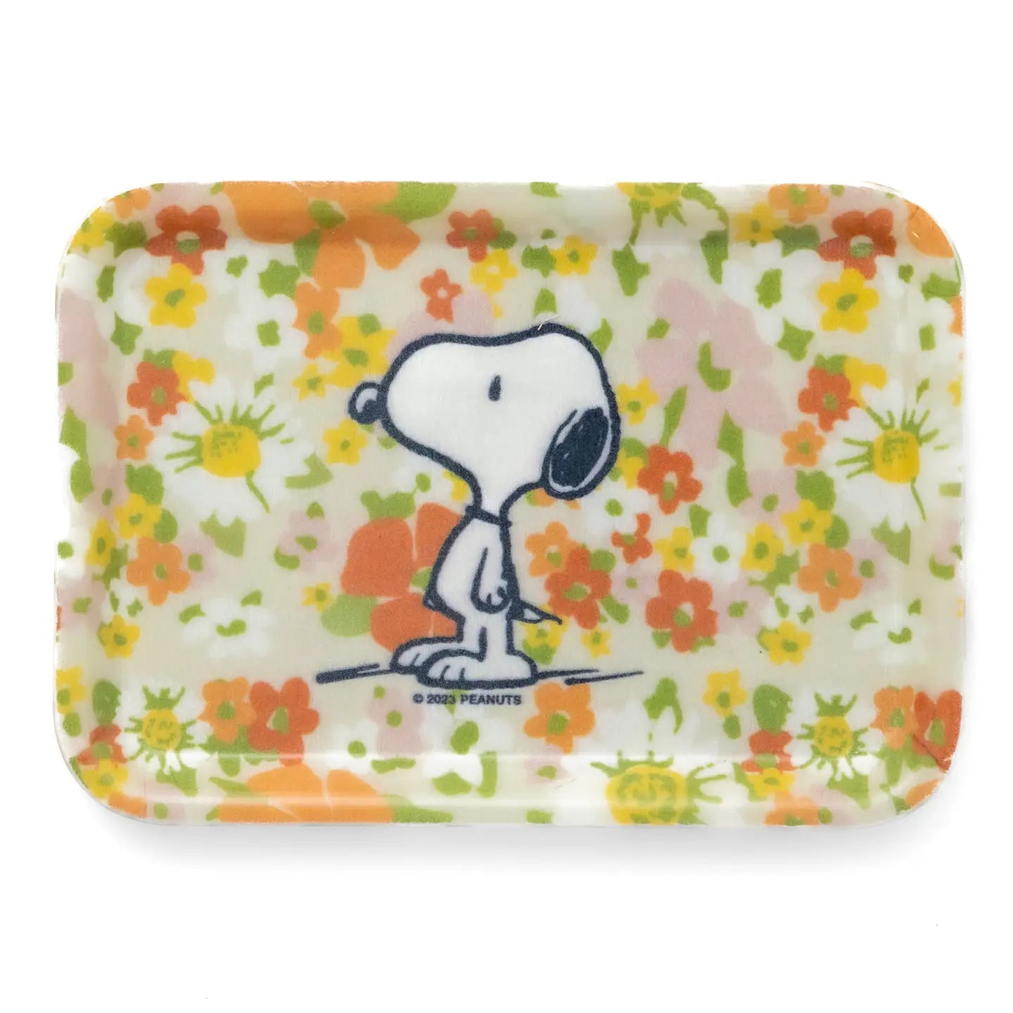 colorful wildflower pattern trinket tray with snoopy illustration on white background