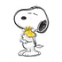 A hand-drawn style illustration of Snoopy hugging Woodstock as a balloon, on white background