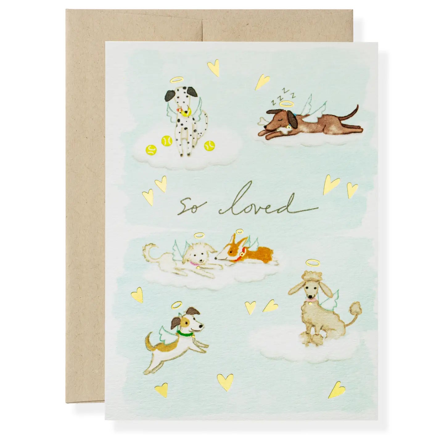 Card featuring drawings of angel dogs in heaven and hearts with text "so loved"
