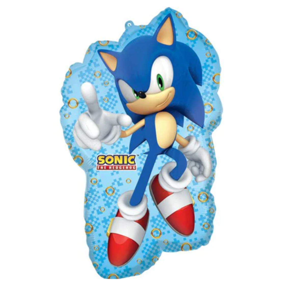 A Sonic the Hedgehog character balloon shaped like Sonic, featuring his blue body, red and white shoes, and a light blue patterned background with Sonic branding.