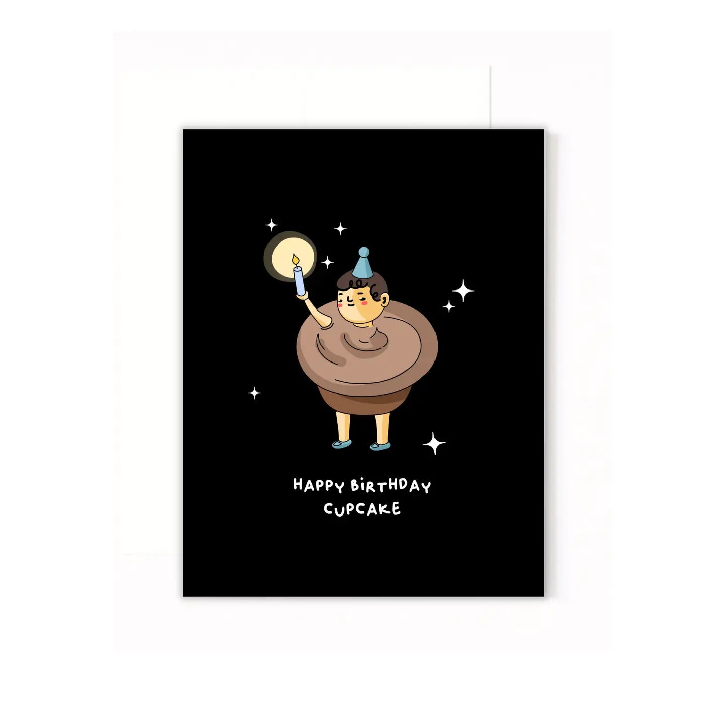 Illustration of a character in a cupcake outfit with a birthday cake hat and candle, on a black background with 'Happy Birthday Cupcake' text.