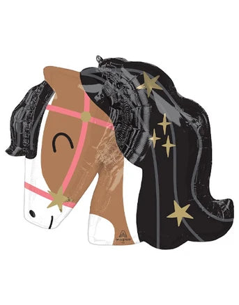 A stylized horse head balloon on a white background, with a brown face, white muzzle, pink bridle lines, a black mane decorated with gold stars