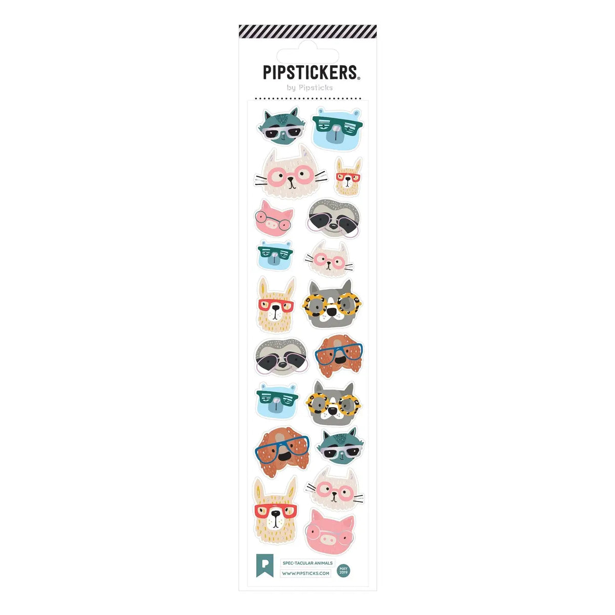 A vertical sheet of PIPSTICKERS featuring cute animal faces wearing colorful sunglasses, including cats, llamas, a fox, a rabbit, and a pig, on a white background.
