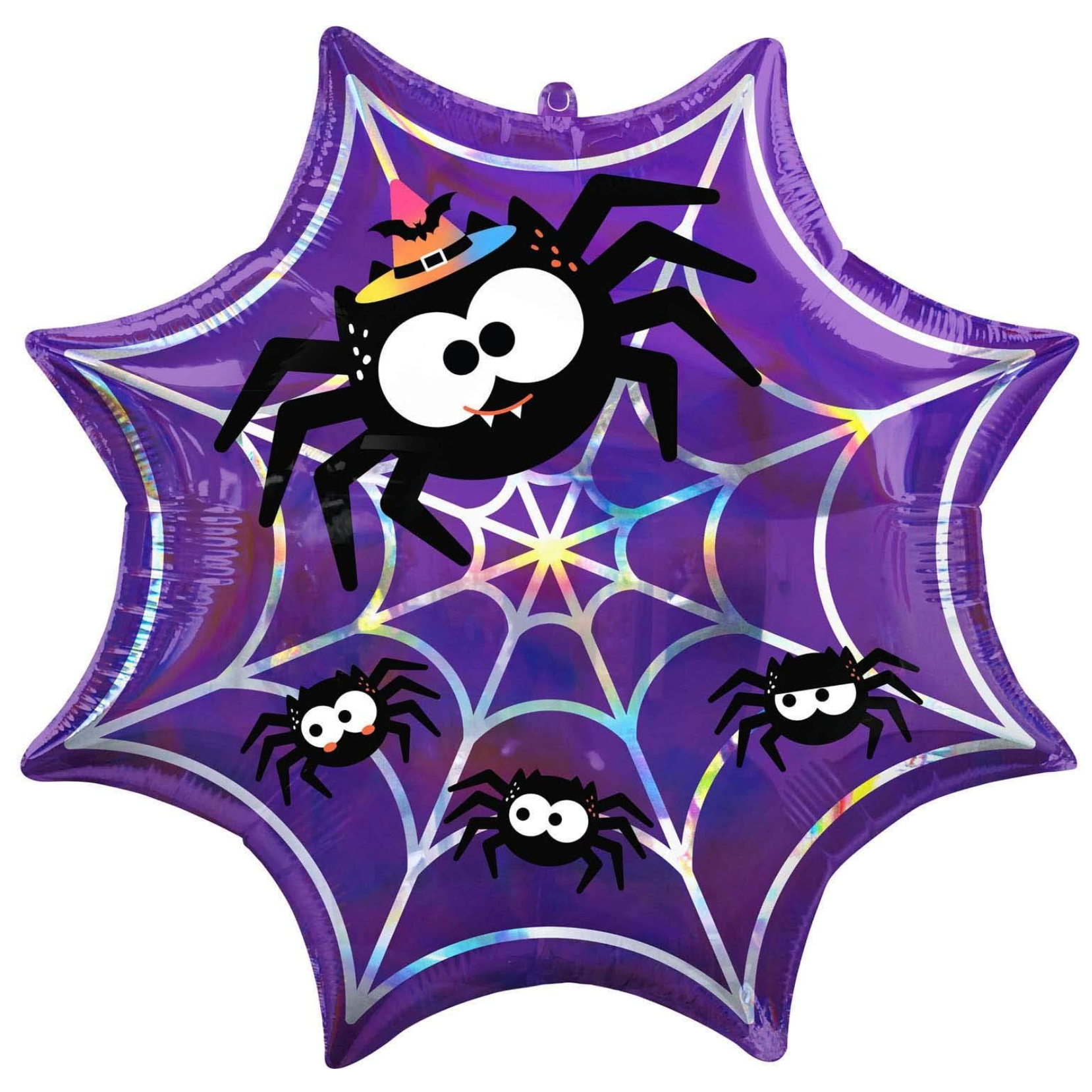 Halloween-themed balloon with spider design on a white background