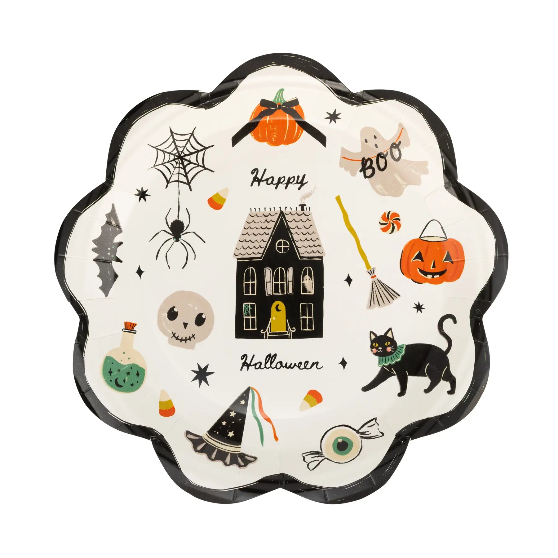 A scalloped-edge white paper plate decorated with a black scalloped rim and a colorful Halloween theme, featuring illustrations of a haunted house, jack-o'-lanterns, a spider, a ghost, a witch hat, candy corn, and the words 'Happy Halloween'.