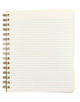 Notebook with lined pages and gold spiral binding on a white background
